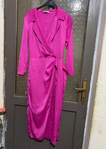 Pembe Uzun Drapeli Kadın Elbise