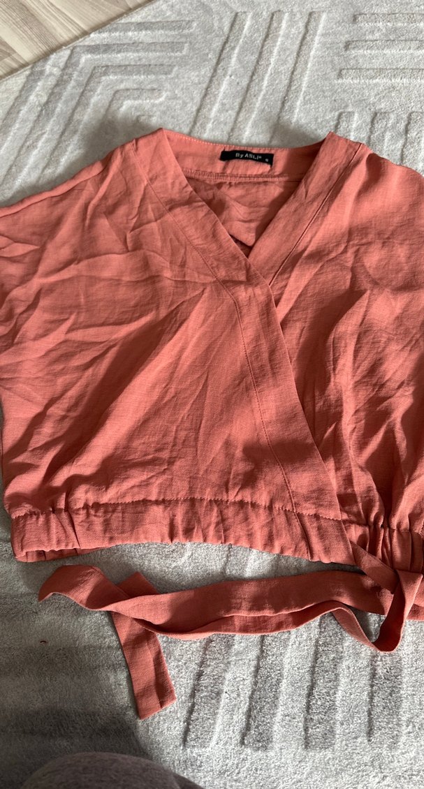 Pembe Keten V Yaka Salaş Bluz - Görsel 5