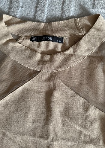 Bej Uzun Kollu Yüksek Yakalı Kadın Triko Elbise - Görsel 2