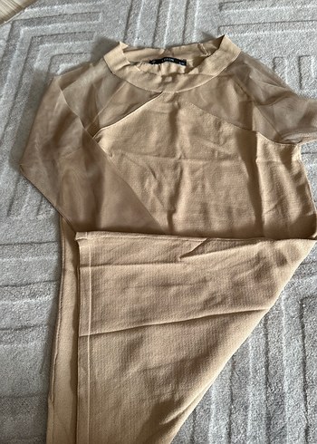 Bej Uzun Kollu Yüksek Yakalı Kadın Triko Elbise - Görsel 5