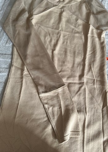 Bej Uzun Kollu Yüksek Yakalı Kadın Triko Elbise - Görsel 4