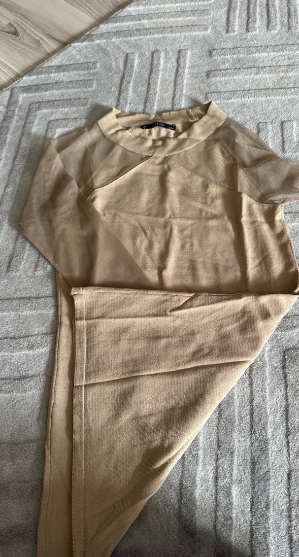 Bej Uzun Kollu Yüksek Yakalı Kadın Triko Elbise - Görsel 5