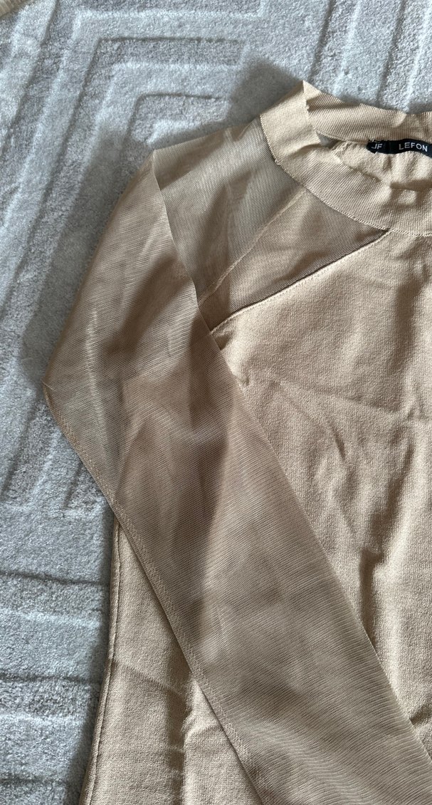 Bej Uzun Kollu Yüksek Yakalı Kadın Triko Elbise - Görsel 3