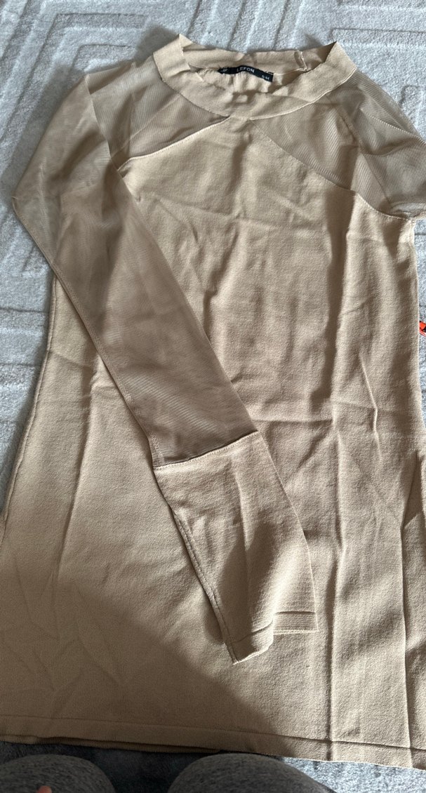 Bej Uzun Kollu Yüksek Yakalı Kadın Triko Elbise - Görsel 4