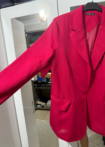 l Beden Düğmeli Pembe Kadın Blazer Ceket