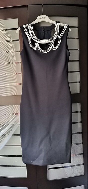 Lacivert İnci Detaylı Mini Elbise