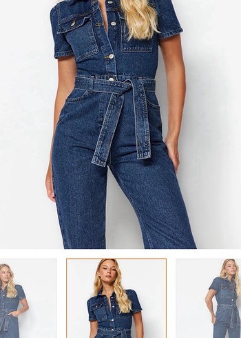 m Beden Kadın Kemerli Kısa Kollu Denim Tulum