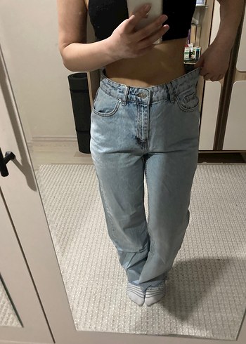 Gri Loose Fit Midi Denim Kadın Jean