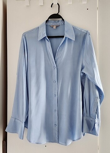 m Beden H&M Mavi Parlak Dökümlü Rahat Gömlek Bluz 