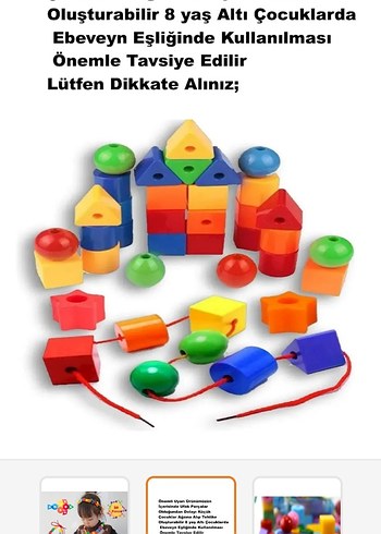 Renkli Eğitici Ahşap Blok ve İp Oyunu