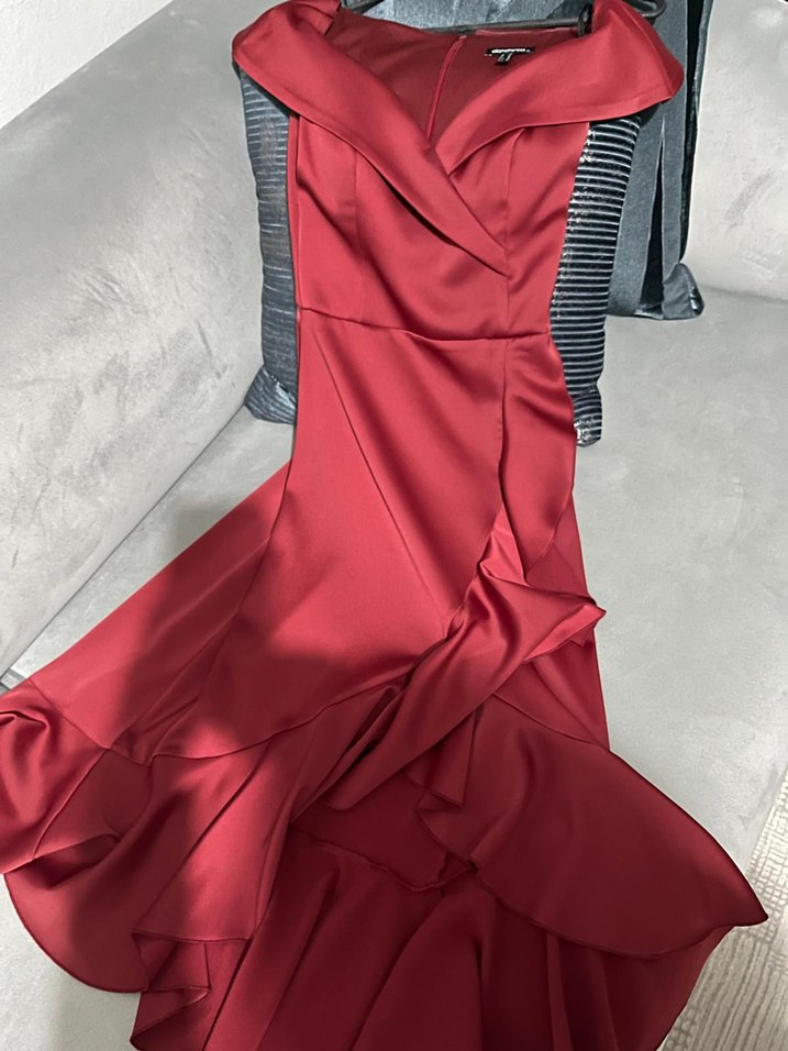 Kırmızı Drapeli Straplez Uzun Abiye Elbise - Görsel 2