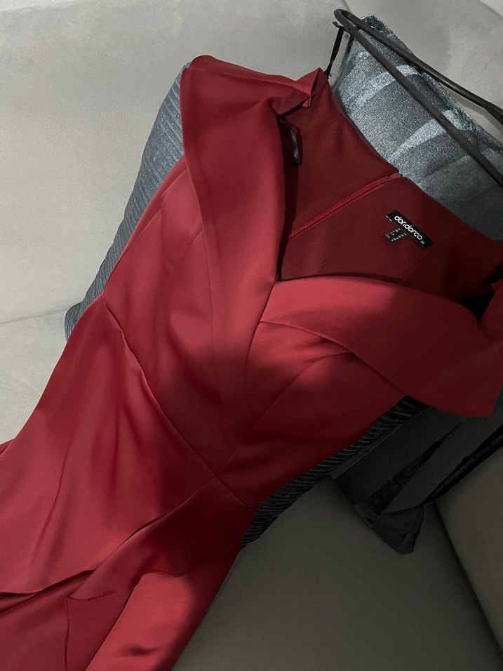 Kırmızı Drapeli Straplez Uzun Abiye Elbise - Görsel 5