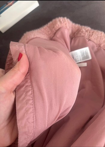 12-13 Yaş Beden pembe Renk Kız Çocuk Pembe Peluş Kapüşonlu Mont