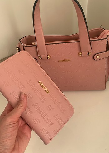 Armine Pembe Deri Kadın Çanta ve Cüzdan Seti