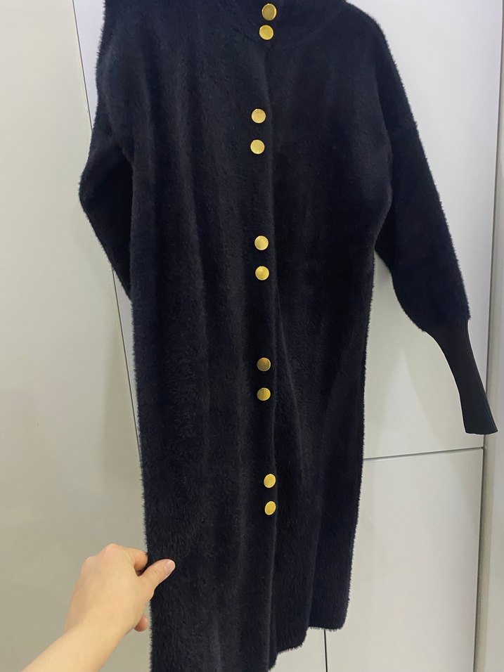 Angora Düğmeli Siyah Kadın Uzun Kaban - Görsel 2