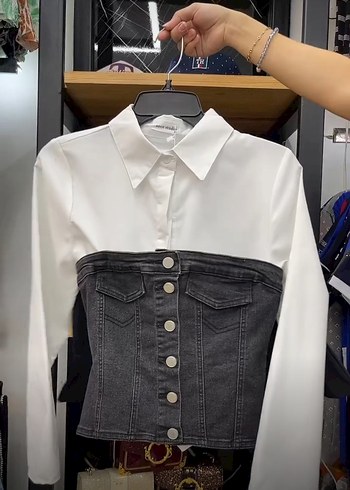 l Beden beyaz Renk Gri Denim ve Beyaz Kumaşlı Düğmeli Kadın Ceket