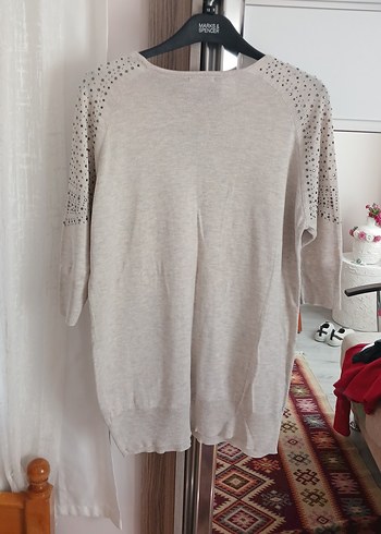 Kadın Bej Triko Uzun Kollu Salaş Kazak - Görsel 5