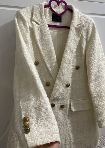 Diğer Düğmeli Beyaz Midi Kadın Blazer Ceket