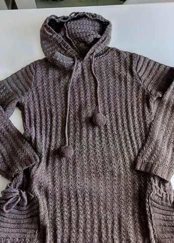 Kapüşonlu Gri Örgü Triko Midi Kazak - Görsel 4