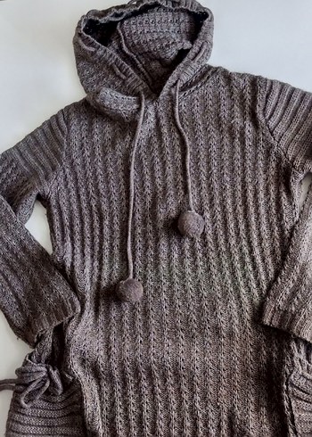 Kapüşonlu Gri Örgü Triko Midi Kazak - Görsel 8