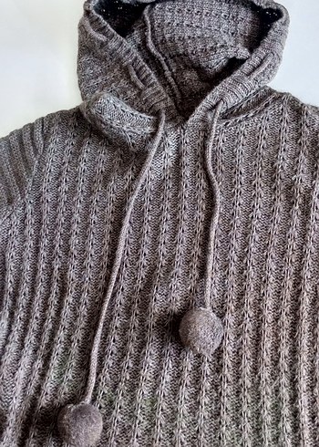 Kapüşonlu Gri Örgü Triko Midi Kazak - Görsel 6