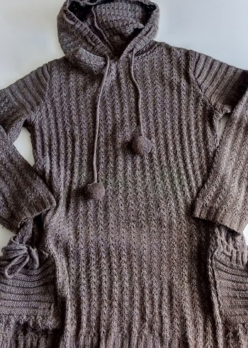 Kapüşonlu Gri Örgü Triko Midi Kazak - Görsel 3