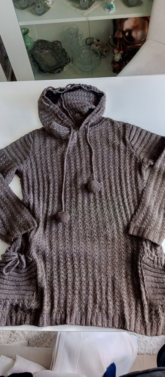 Kapüşonlu Gri Örgü Triko Midi Kazak - Görsel 4