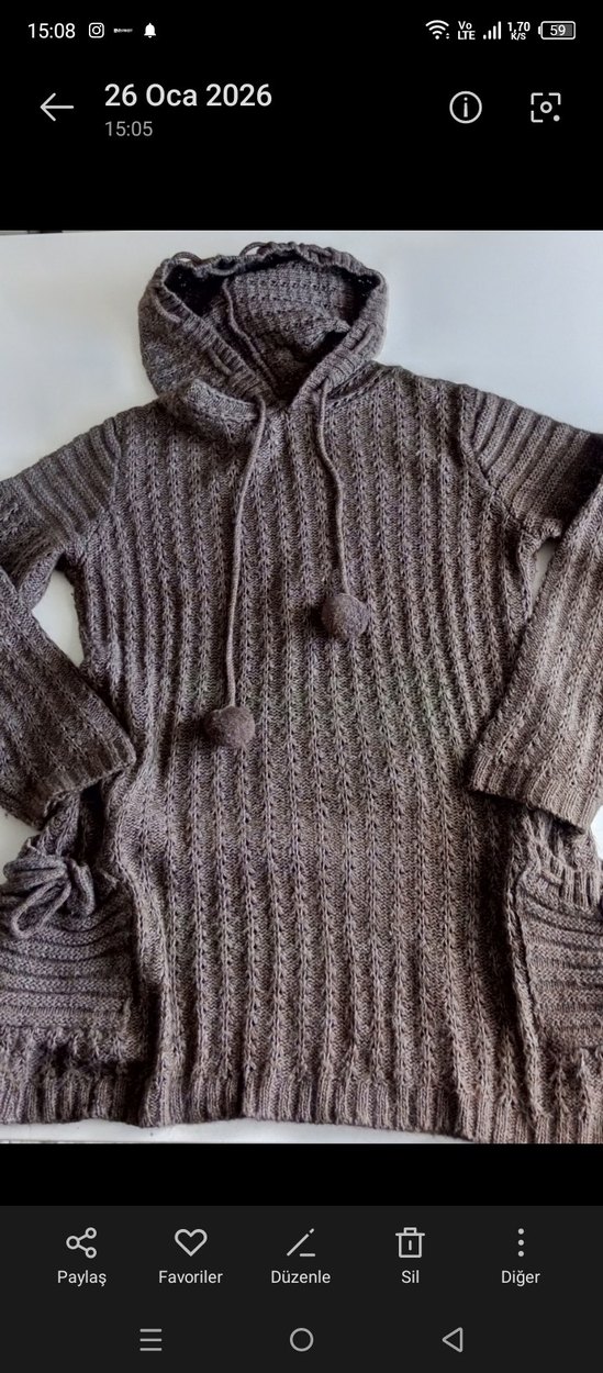 Kapüşonlu Gri Örgü Triko Midi Kazak - Görsel 3