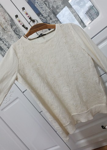 Dantel Detaylı Beyaz Pamuklu kazak - Görsel 5