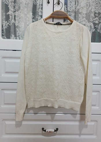 Dantel Detaylı Beyaz Pamuklu kazak - Görsel 3