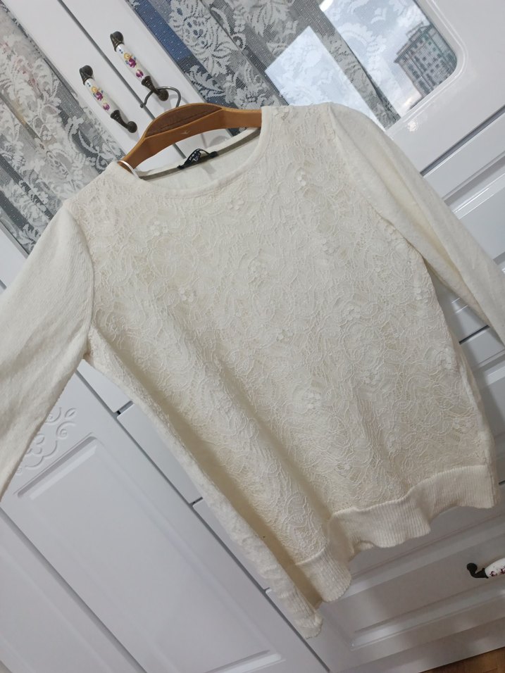 Dantel Detaylı Beyaz Pamuklu kazak - Görsel 5