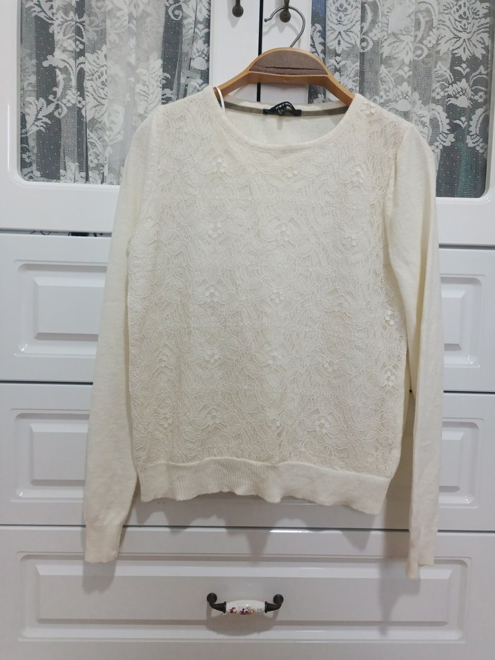 Dantel Detaylı Beyaz Pamuklu kazak - Görsel 3