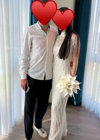 Dantel Detaylı Uzun Beyaz Bohem Nişan Elbisesi - Görsel 4