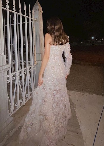 Dantel İşlemeli Bej Uzun Abiye Elbise - Görsel 2