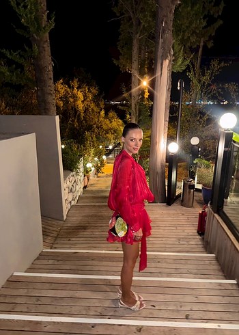 Kırmızı Drapeli Mini Kadın Elbise - Görsel 3