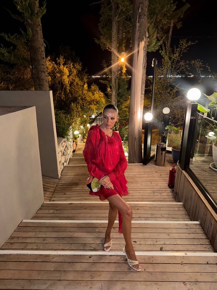 Kırmızı Drapeli Mini Kadın Elbise - Görsel 2