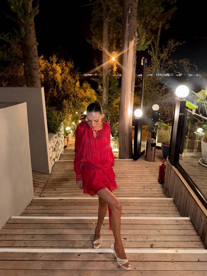 Kırmızı Drapeli Mini Kadın Elbise - Görsel 4