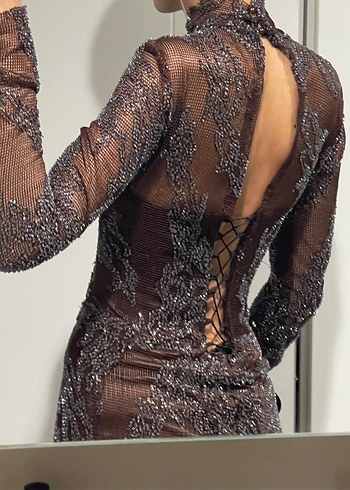 Kahverengi Uzun Kollu Drapeli Uzun Abiye Elbise - Görsel 6