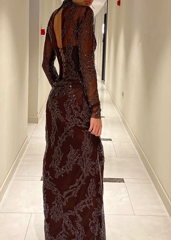 Kahverengi Uzun Kollu Drapeli Uzun Abiye Elbise - Görsel 7