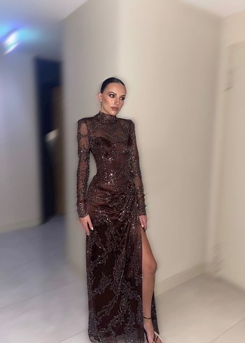 Kahverengi Uzun Kollu Drapeli Uzun Abiye Elbise - Görsel 2