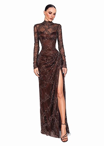 Kahverengi Uzun Kollu Drapeli Uzun Abiye Elbise - Görsel 5