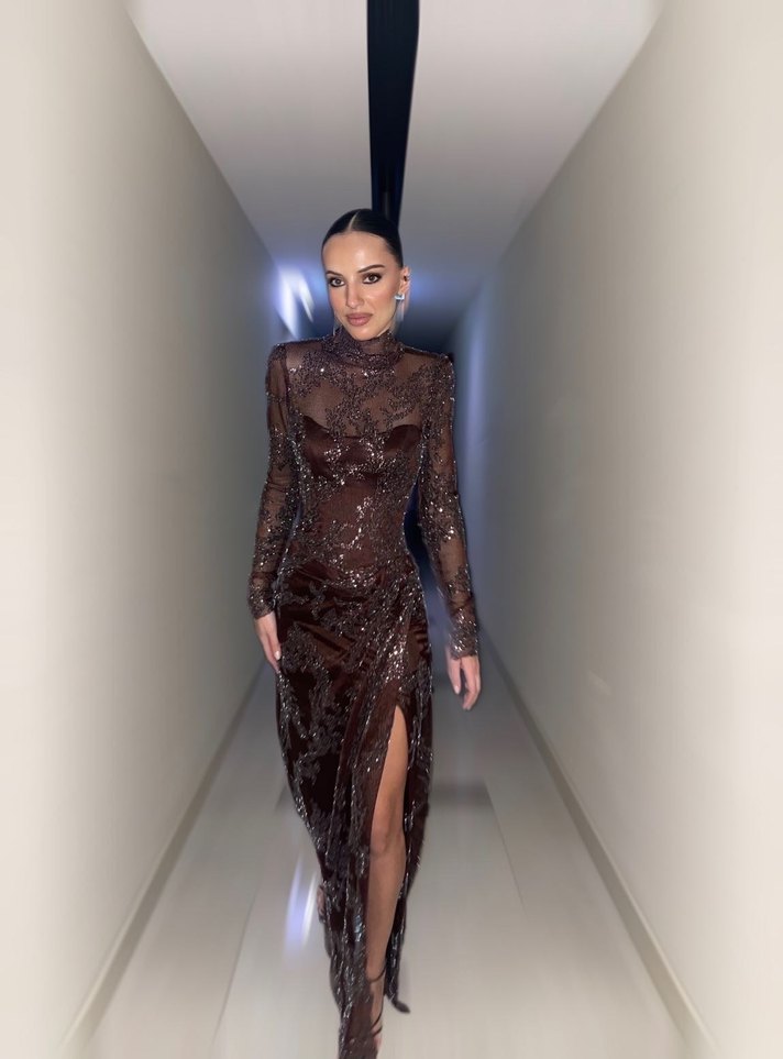 Kahverengi Uzun Kollu Drapeli Uzun Abiye Elbise - Görsel 3