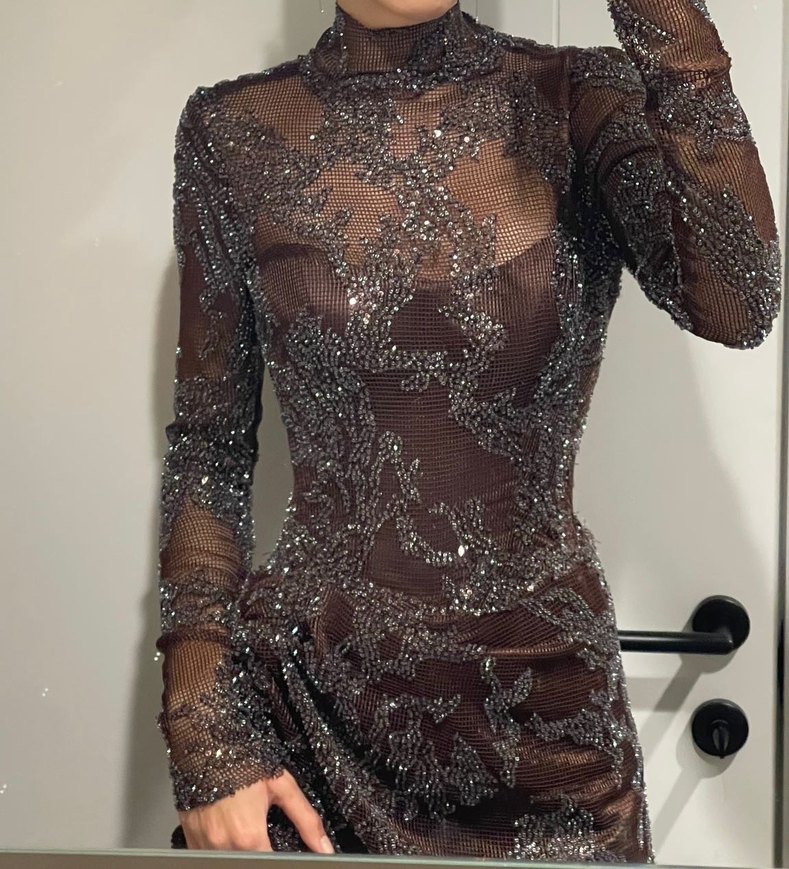 Kahverengi Uzun Kollu Drapeli Uzun Abiye Elbise - Görsel 4