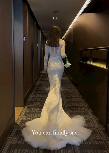 Uzun Kollu Fransız Dantel Gelinlik - Görsel 3