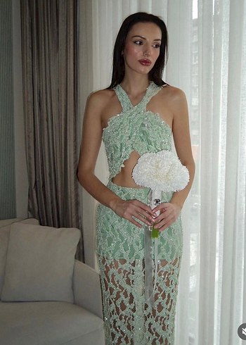 Turkuaz Dantel Straplez Uzun Abiye Elbise - Görsel 2