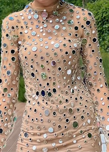 Uzun Kollu V Yaka Payetli Bej Abiye Elbise - Görsel 3