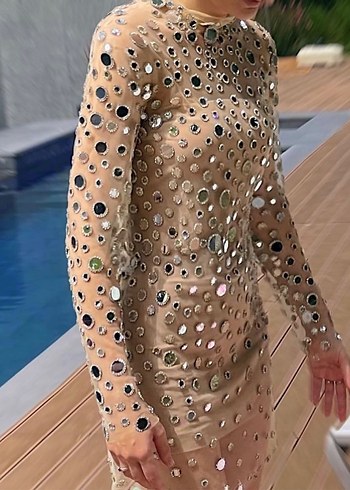 Uzun Kollu V Yaka Payetli Bej Abiye Elbise - Görsel 2