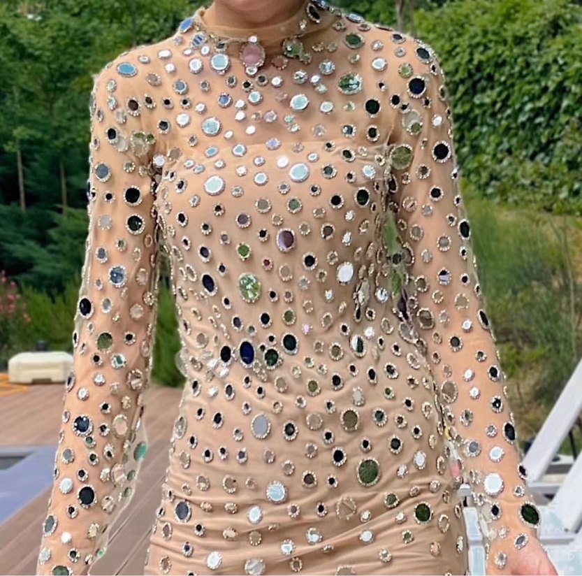 Uzun Kollu V Yaka Payetli Bej Abiye Elbise - Görsel 3