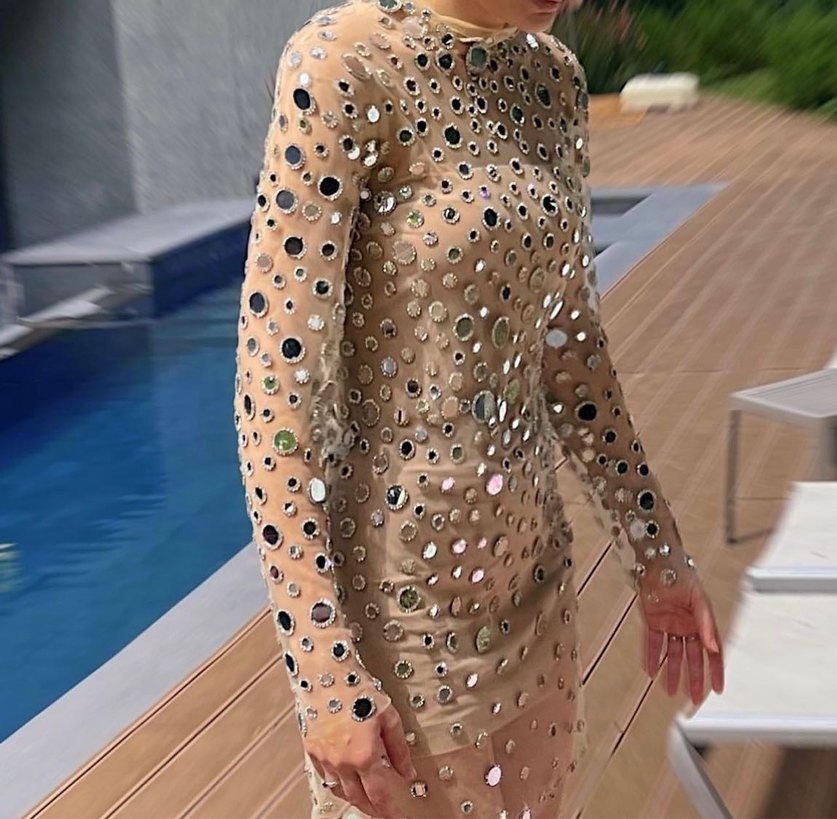 Uzun Kollu V Yaka Payetli Bej Abiye Elbise - Görsel 2