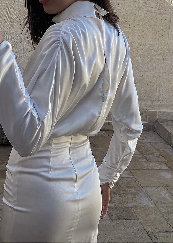 Beyaz Saten Elbise - Görsel 3